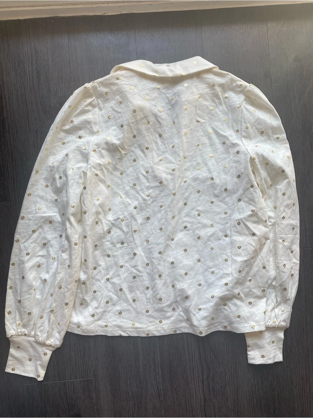 Boden 6 Collared Notch Neck Lightweight Cotton Blouse with Gold Polka Dots Med